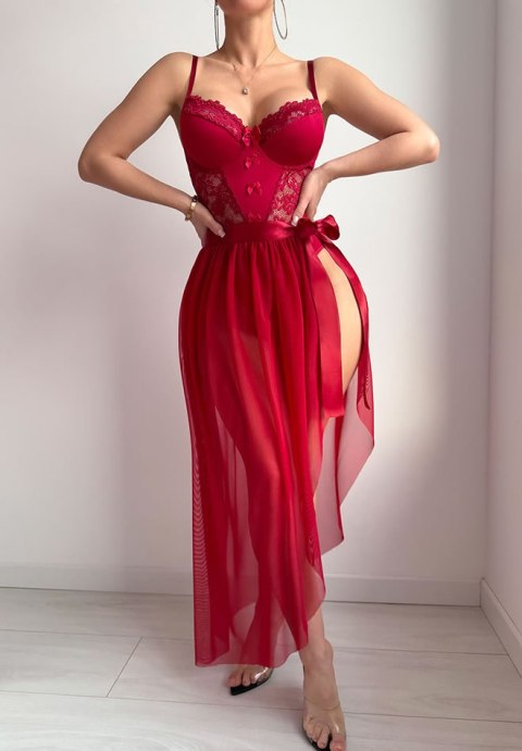 Burgundy Lace Bustier Bodysuit with Detachable Chiffon Skirt