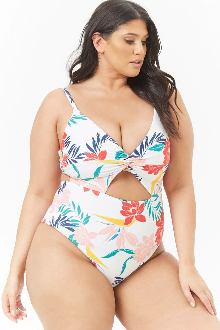 Plus Size Floral Print Cutout High Leg One Piece Swimsuit
