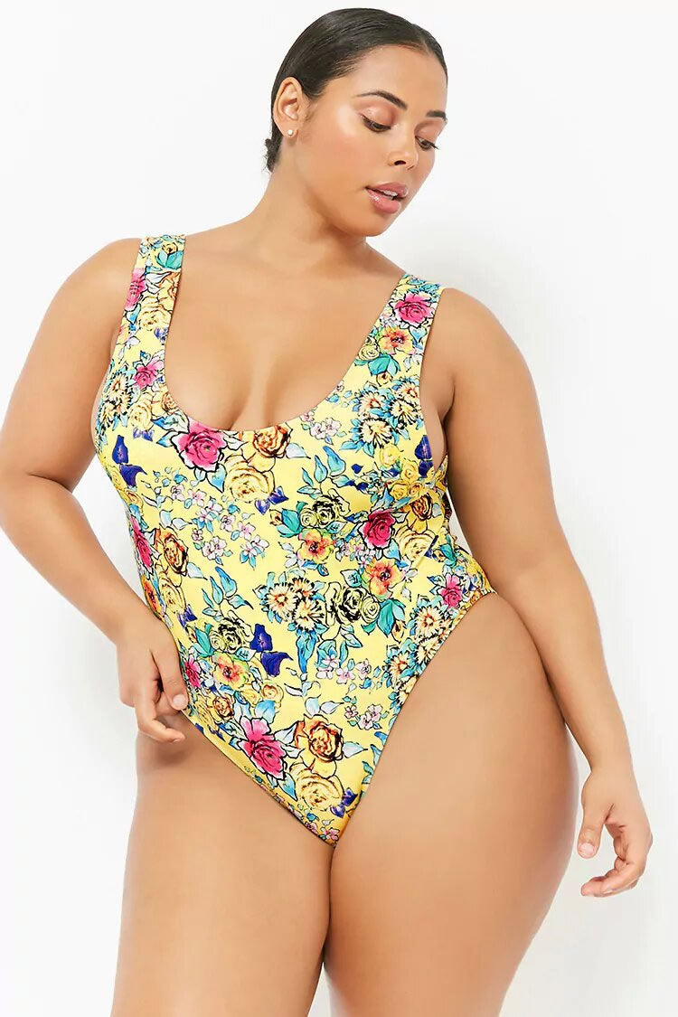 Plus Size Floral Print High-Cut One Piece Swimsuit