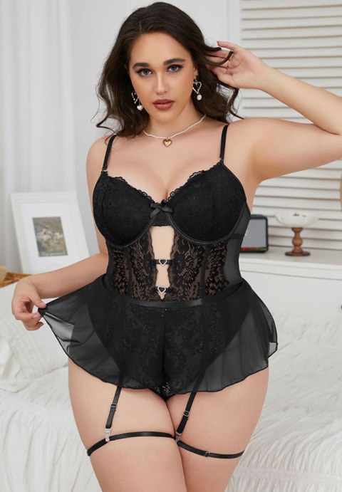 Plus Size Black Lace Teddy with Heart Hardware & Mesh Skirt