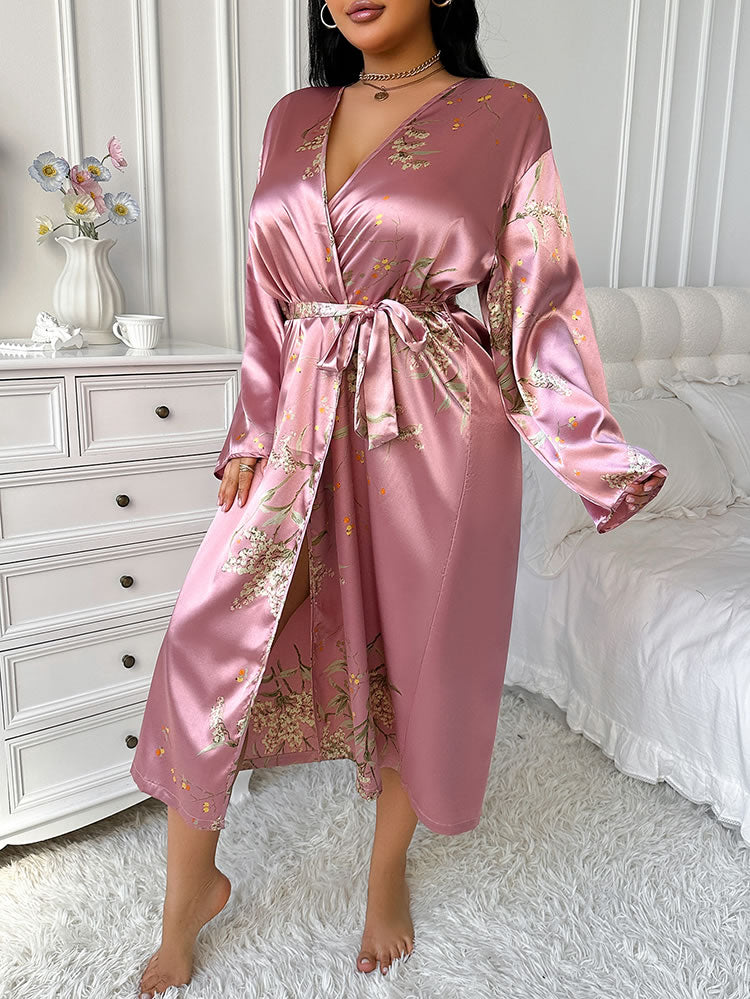 Plus Size Pink Floral Wide Sleeve Robe