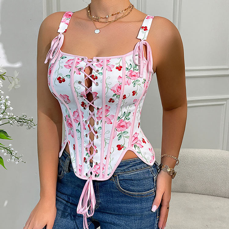 Pink Rose Print Lace-Up Corset Top with Bow Straps