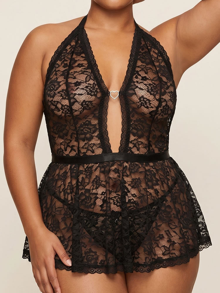 Plus Size Black Halter Lace Babydoll with Heart Ring