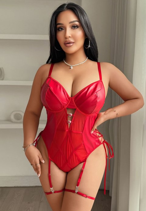 Plus Size Red Faux Leather Teddy with Garters & Side Ties