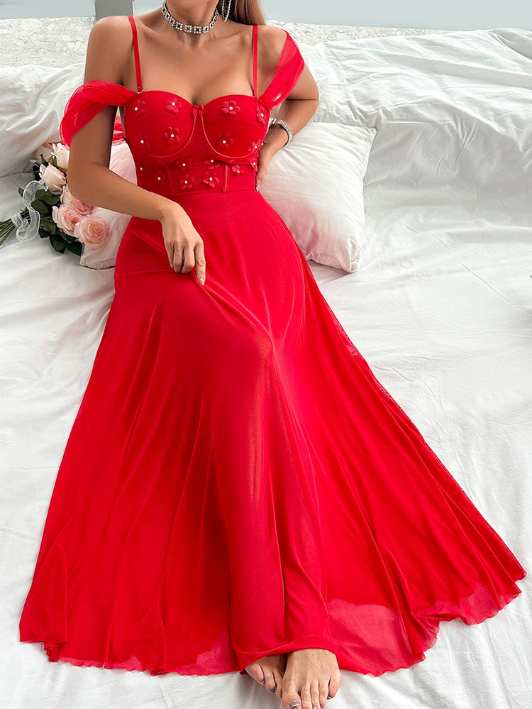 Red Off-Shoulder Puff Sleeve Lingerie Maxi Dress