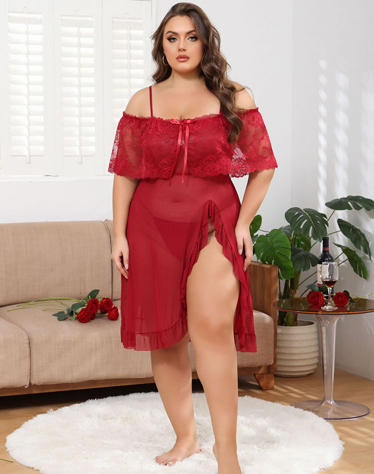Plus Size Off-the-Shoulder Lace Chemise with High Slit
