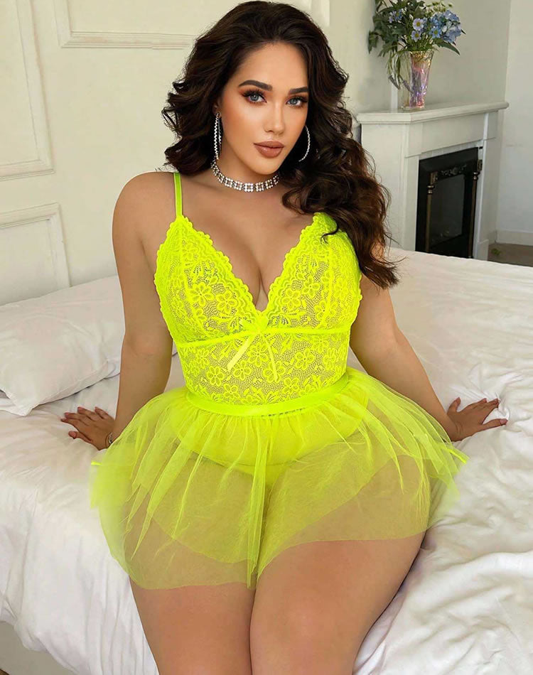 Plus Size Neon Yellow Lace Babydoll with Tulle Skirt
