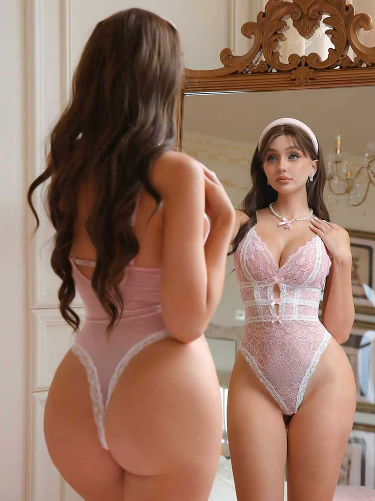 Pink Floral Lace Bodysuit with Bow