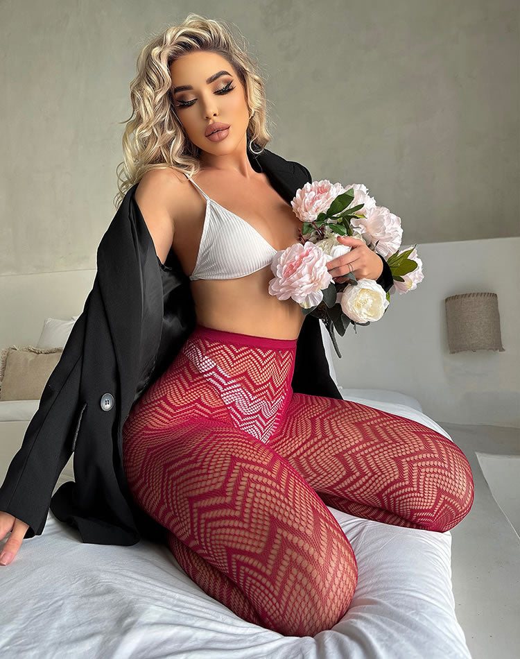 Burgundy Zigzag Fishnet Pantyhose