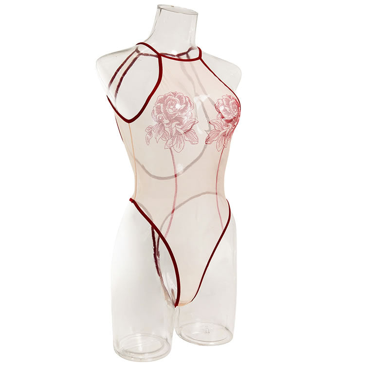 Sheer Halter Bodysuit with Floral Embroidery & Contrast Piping