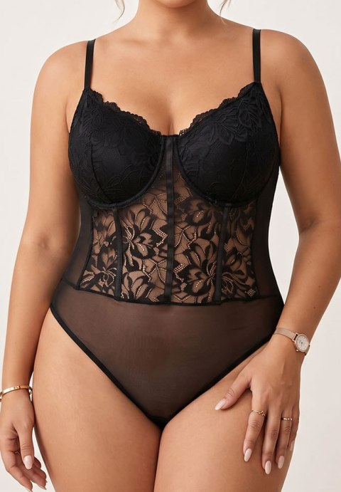 Plus Size Black Floral Lace Bodysuit with Sheer Mesh Panels