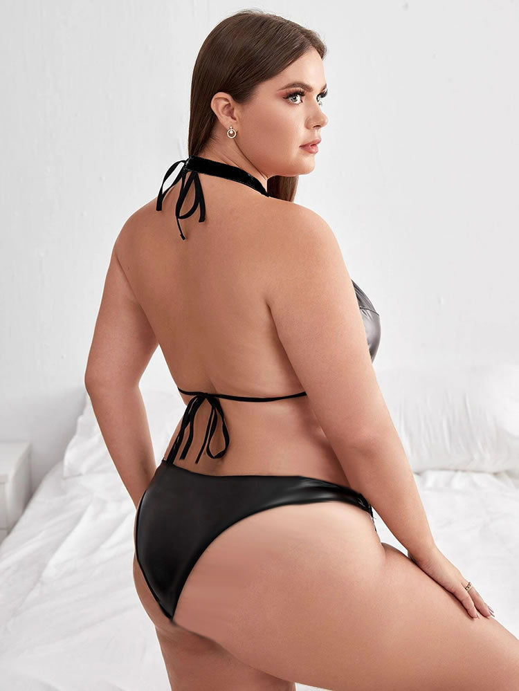 Plus Size Black Faux Leather High-Neck Chain Teddy