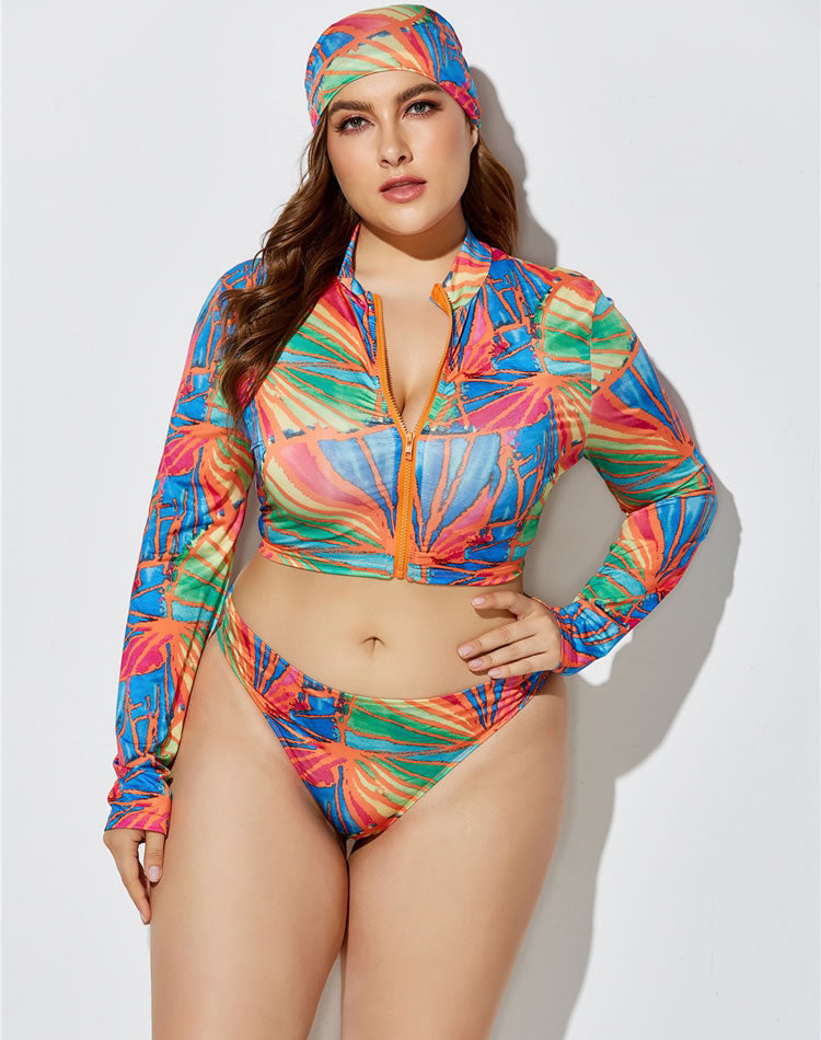 Plus Size Blue & Green Print Zip Front 3-Piece Tankini