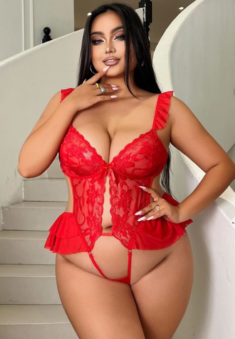Plus Size Red Lace Teddy with Ruffled Straps & Open Back