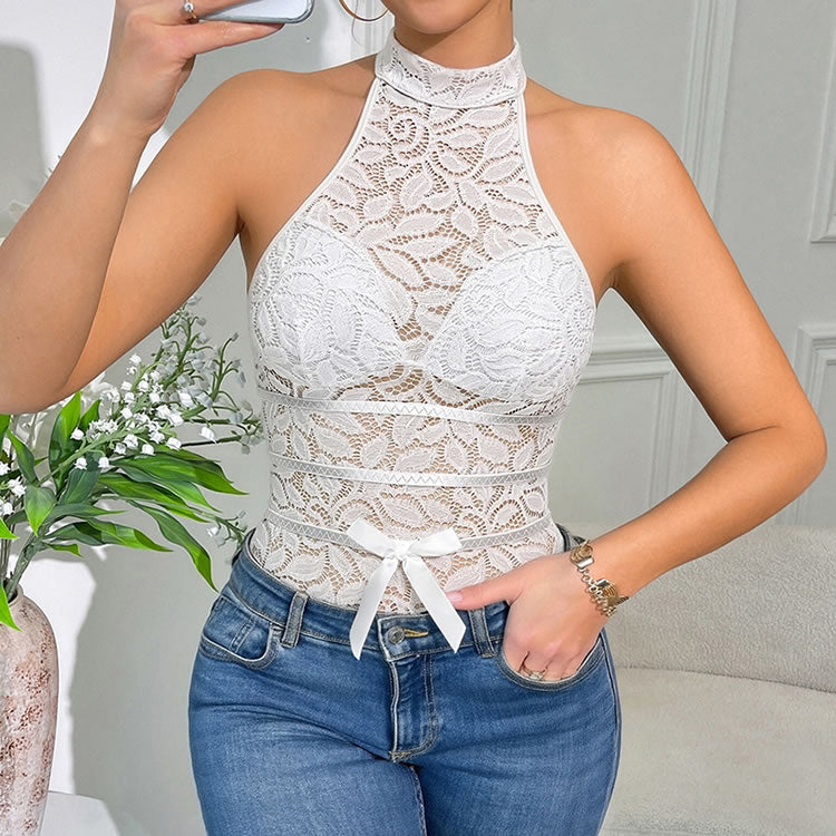 White Floral Lace Halter Bodysuit with Bow