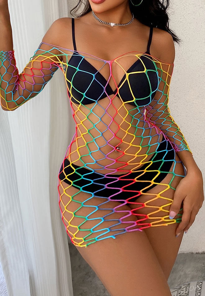 Plus Size Rainbow Long Sleeve Fishnet Bodystocking