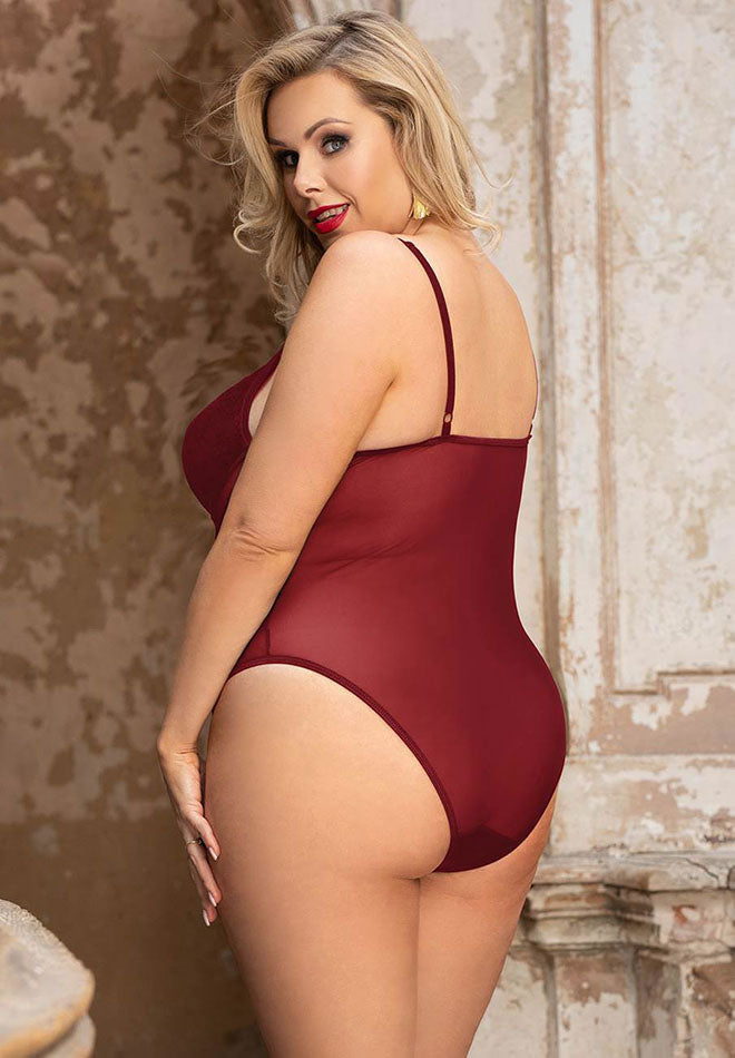 Plus Size Burgundy Lace Underwire Teddy