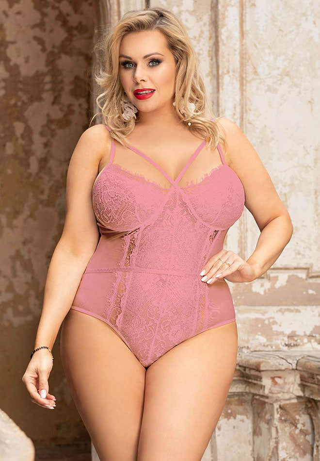 Plus Size Pink Strappy Scalloped Lace Teddy