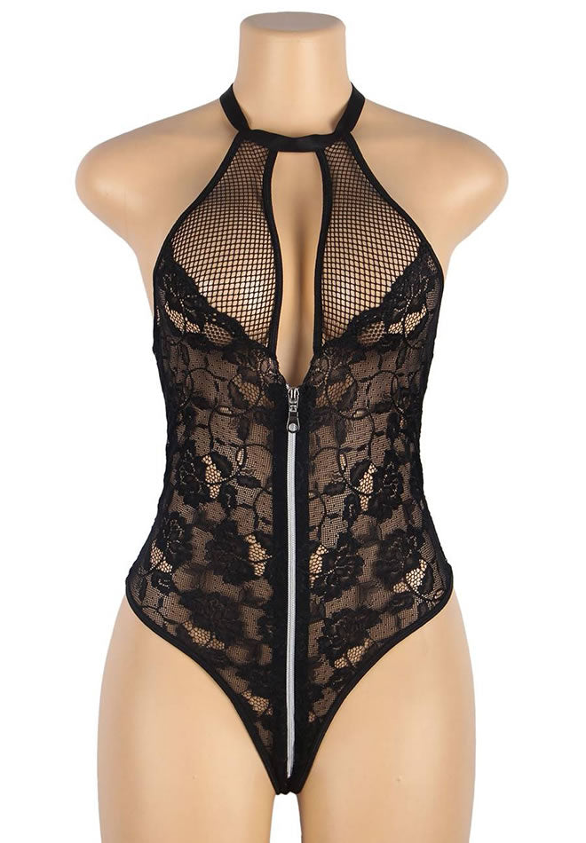 Teddy trasparente a collo alto nero taglie forti con zip