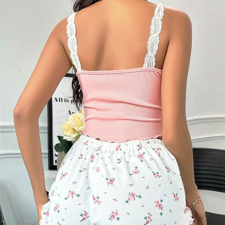 Pink Floral Lace Trim Cami & Shorts Lounge Set