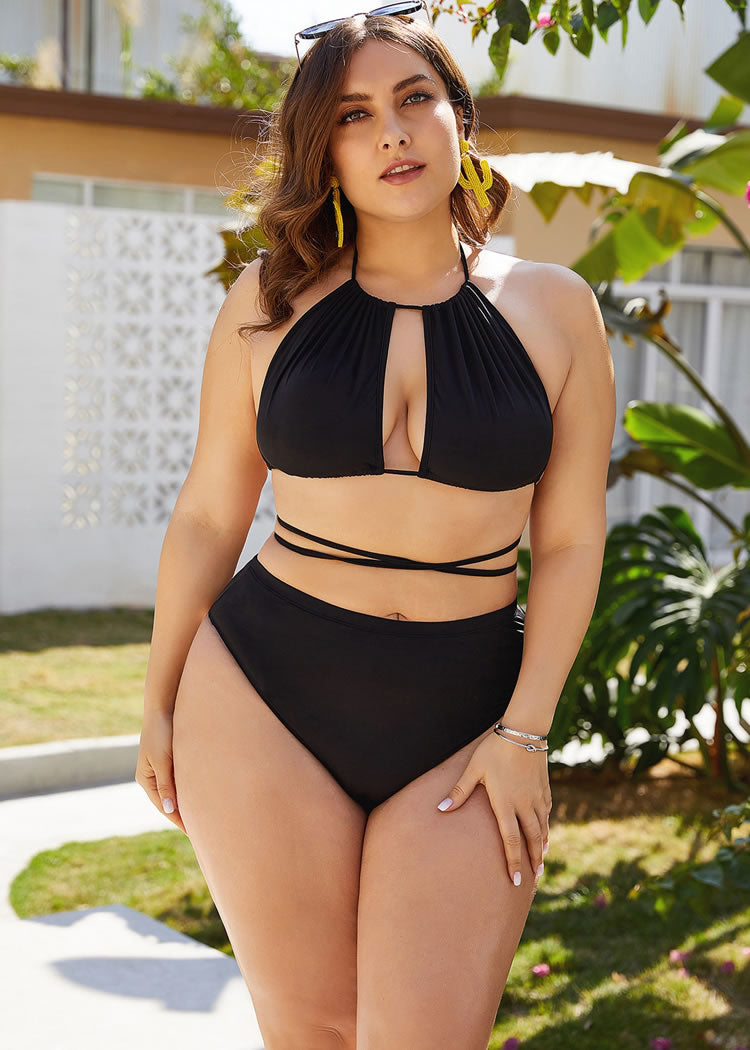 Plus Size Black Halter Strappy Bikini Set