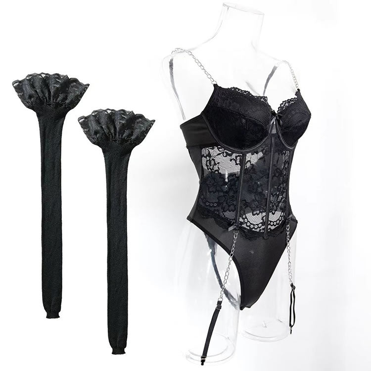 Lace Corset Bodysuit with Chain Straps, Garters & Fishnet Stockings