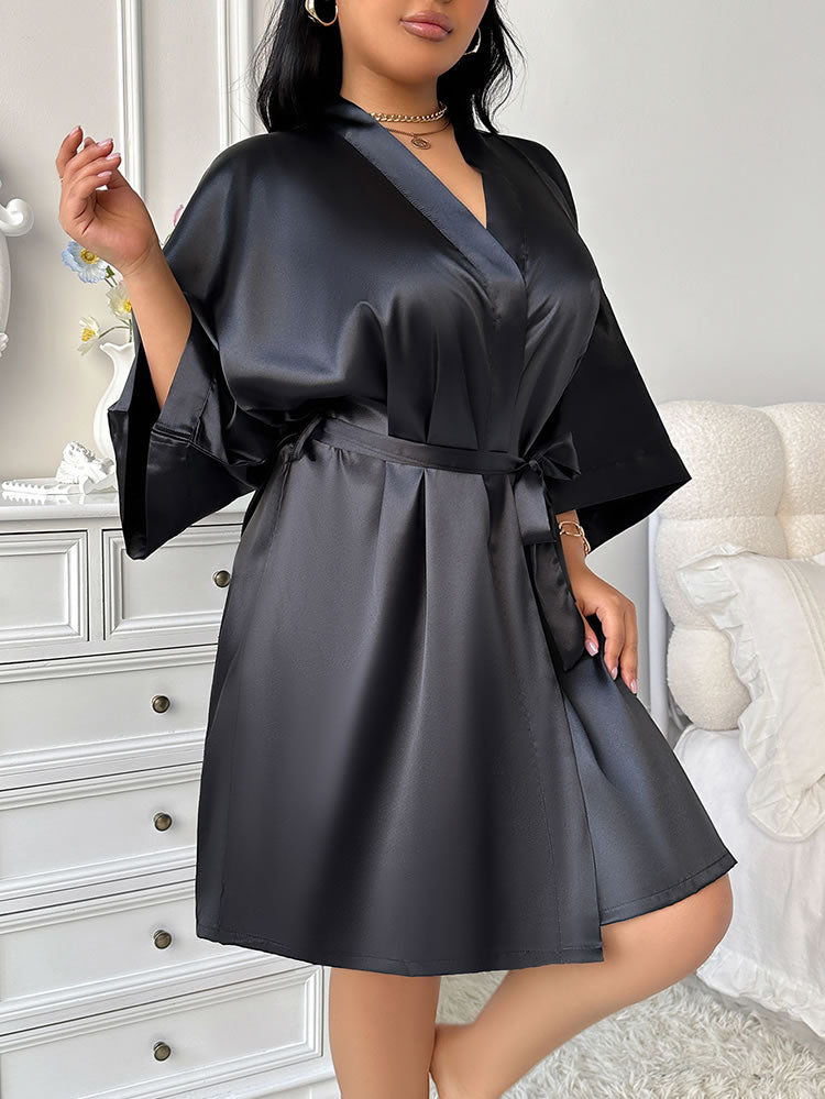 Plus Size Black Satin Wide Sleeve Kimono Robe