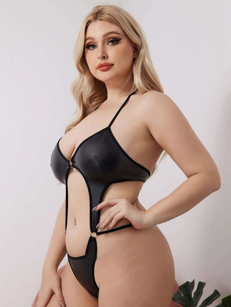 Plus Size Black Wet-Look O-Ring Halter Teddy