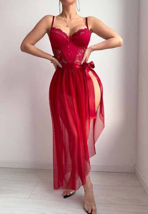 Burgundy lace bustier bodysuit with chiffon skirt