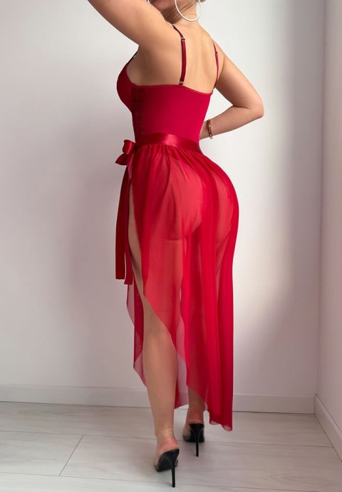 Burgundy Lace Bustier Bodysuit with Detachable Chiffon Skirt