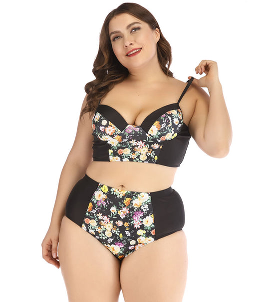 Plus Size Golden Flower Underwire Two Piece Swimsuit