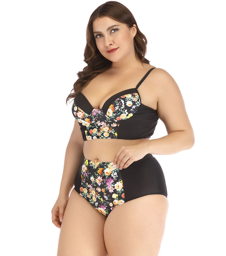 Plus Size Golden Flower Underwire Two Piece Swimsuit