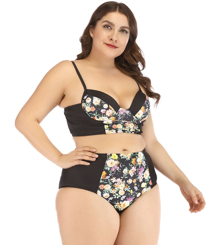 Plus Size Golden Flower Underwire Two Piece Swimsuit