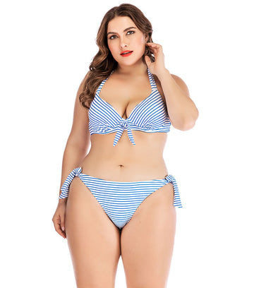 Plus Size Blue Striped Bow Bikini Set