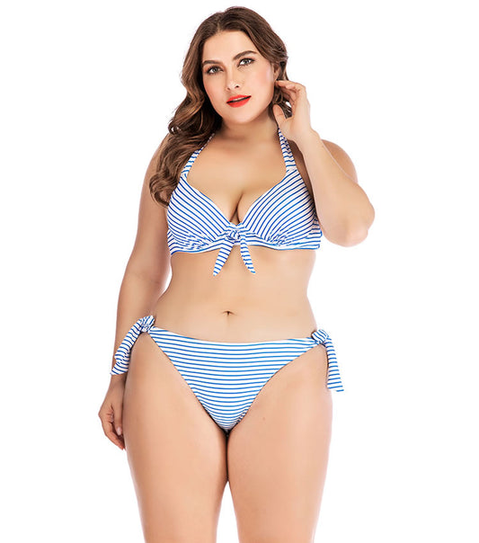 Plus Size Blue Striped Bow Bikini Set