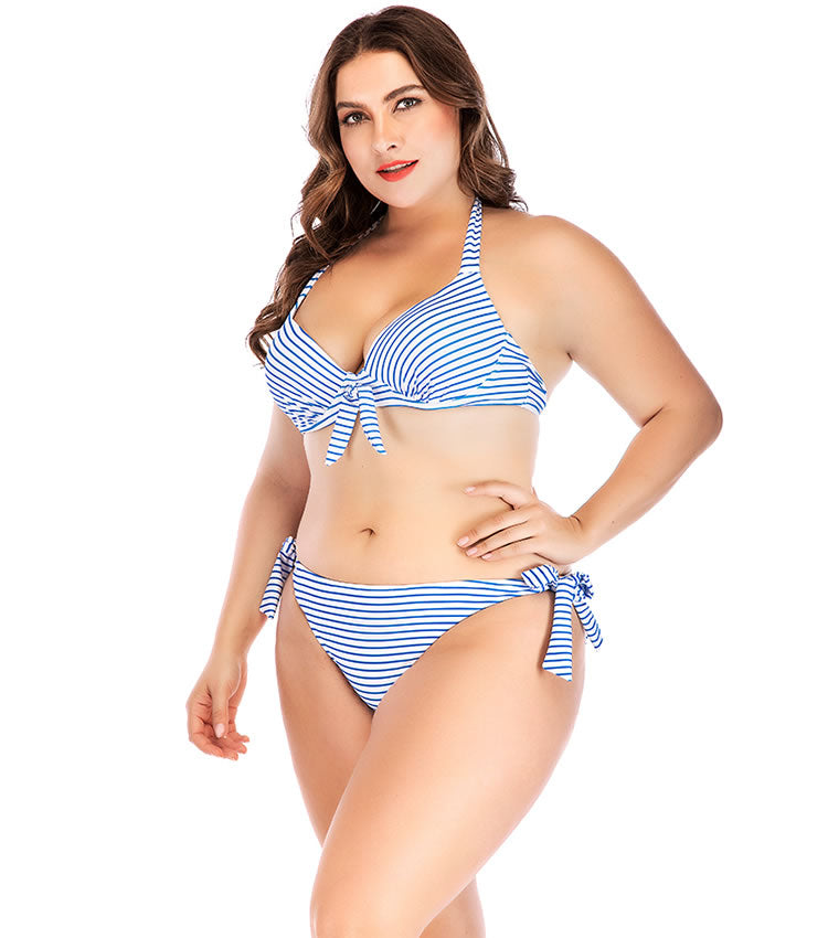 Plus Size Blue Striped Bow Bikini Set