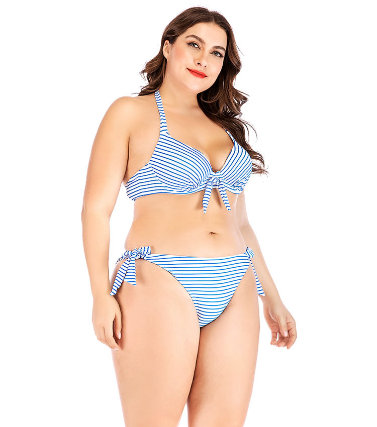 Plus Size Blue Striped Bow Bikini Set