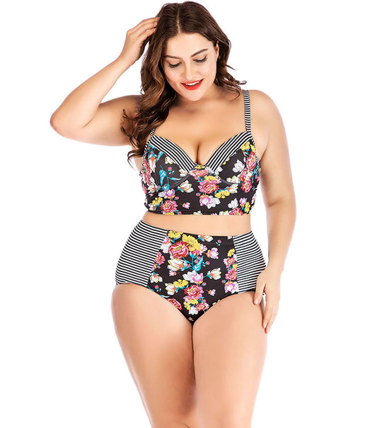 Plus Size Striped and Flower Underwire Two Piece Swimsuit