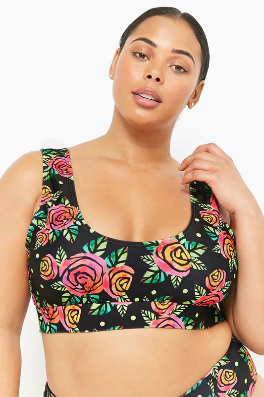 Plus Size High Leg High Waist Rose Crop Tank Bikini Swimsuit