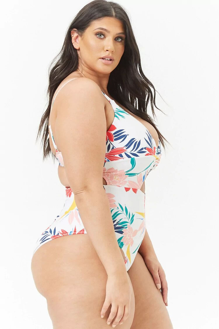 Plus Size Floral Print Cutout High Leg One Piece Swimsuit