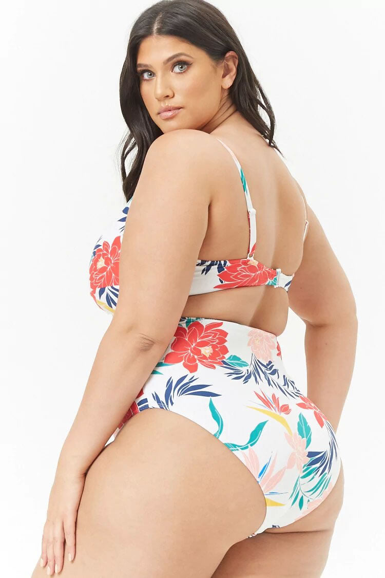 Plus Size Floral Print Cutout High Leg One Piece Swimsuit