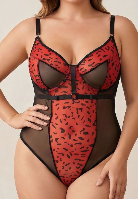 Plus Size Red Leopard Print Sheer Mesh Teddy