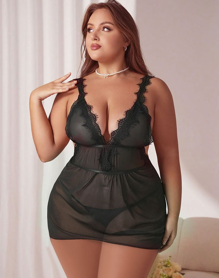 Plus Size Black Sheer Mesh Babydoll Set