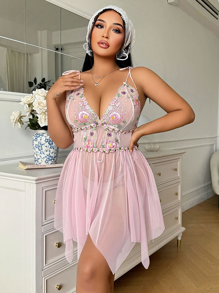 Plus Size Pink Floral Embroidered Nightgown with Tie Straps