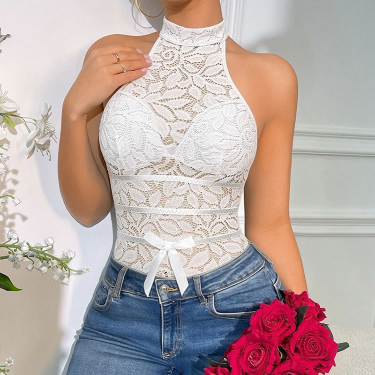 White Floral Lace Halter Bodysuit with Bow