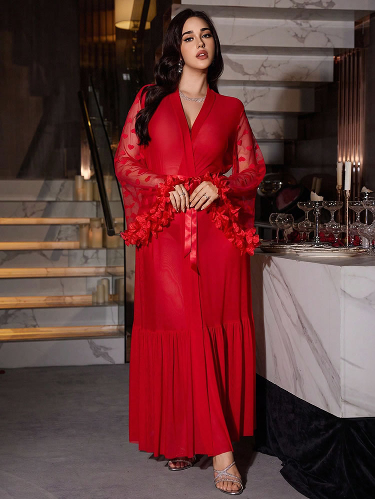 Plus Size Red Robe with Heart Applique Sleeves