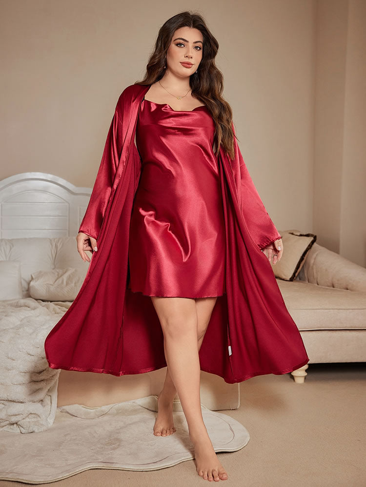 Plus Size Red Satin Slip & Robe Set