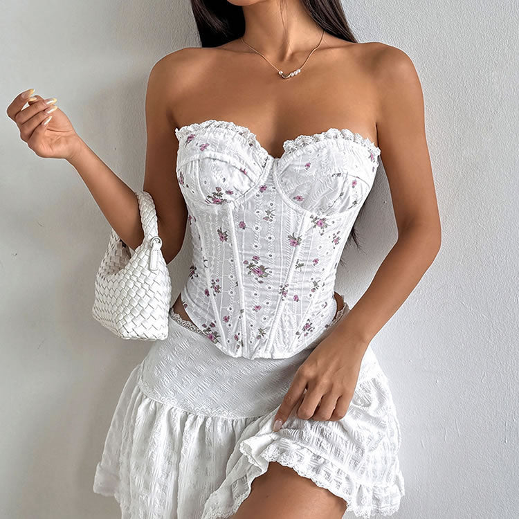 White Floral Ruffle Sweetheart Corset