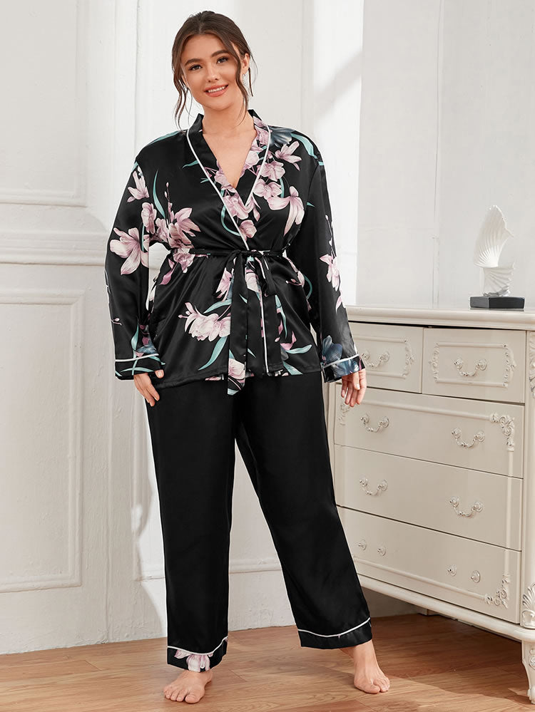 Plus Size Black Pajama Set with Floral Wrap Top