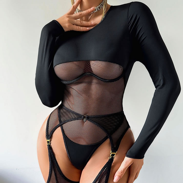 Black Long-Sleeve Fishnet Bodysuit with Garters & Stockings